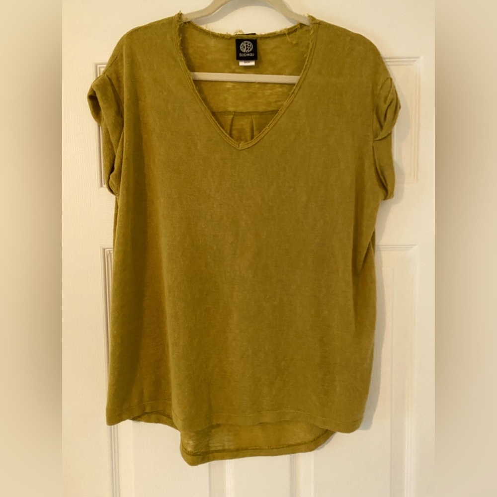 Bobeau Moss Green Oversized Lightweight V-Neck Sweater Top w/ Roll Sleeve Small